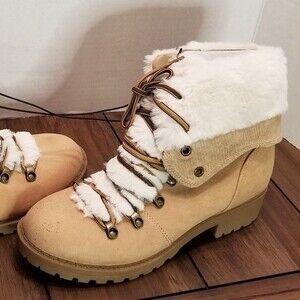 Pop Kraft Women's Tan Hiking Boots w/White Faux Fur - Size 8M NWOT